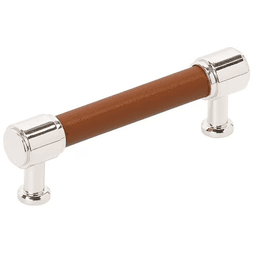 96mm Fairlane Cabinet Pull, Cognac Leather/Polished Nickel