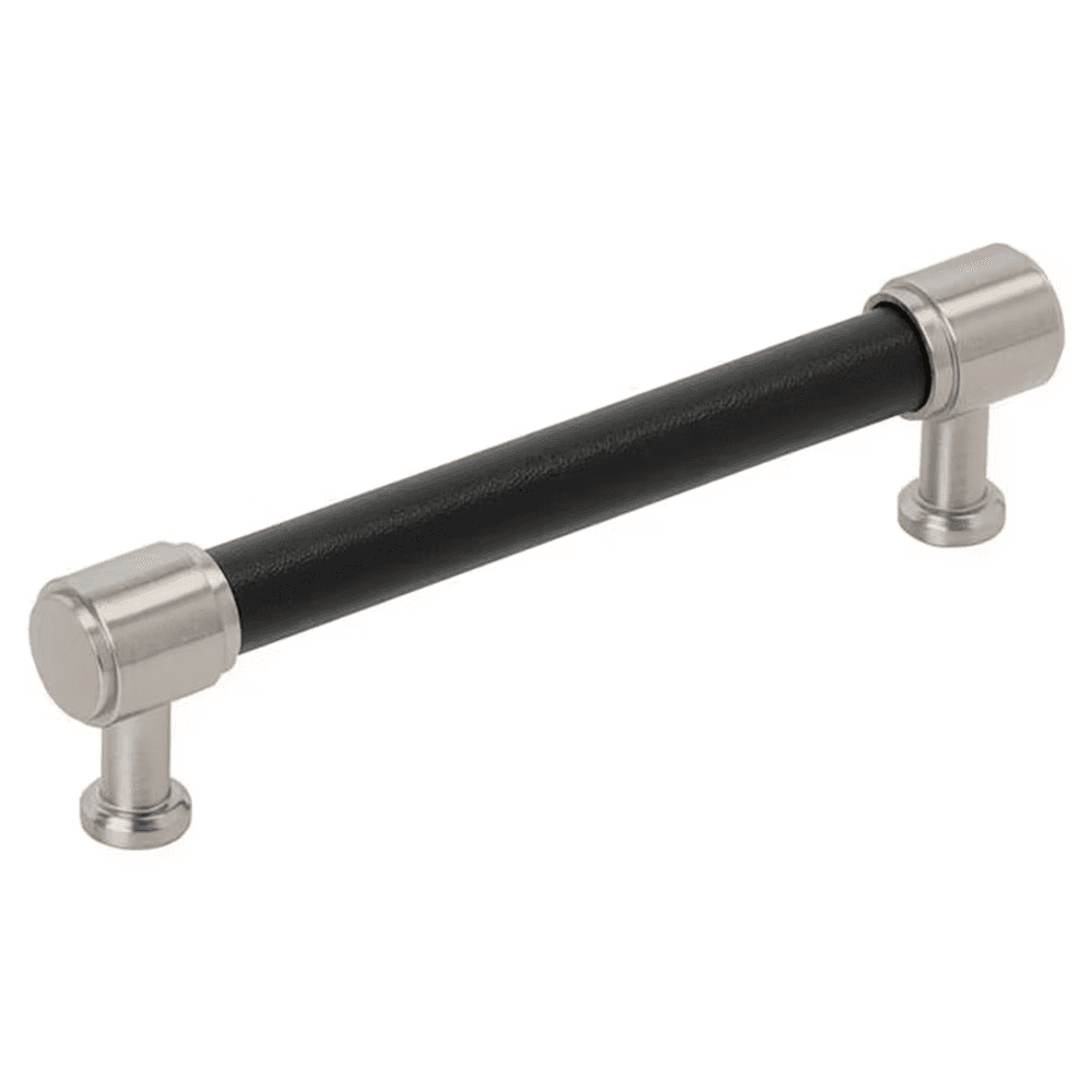 128mm Fairlane Cabinet Pull, Black Leather/Satin Nickel