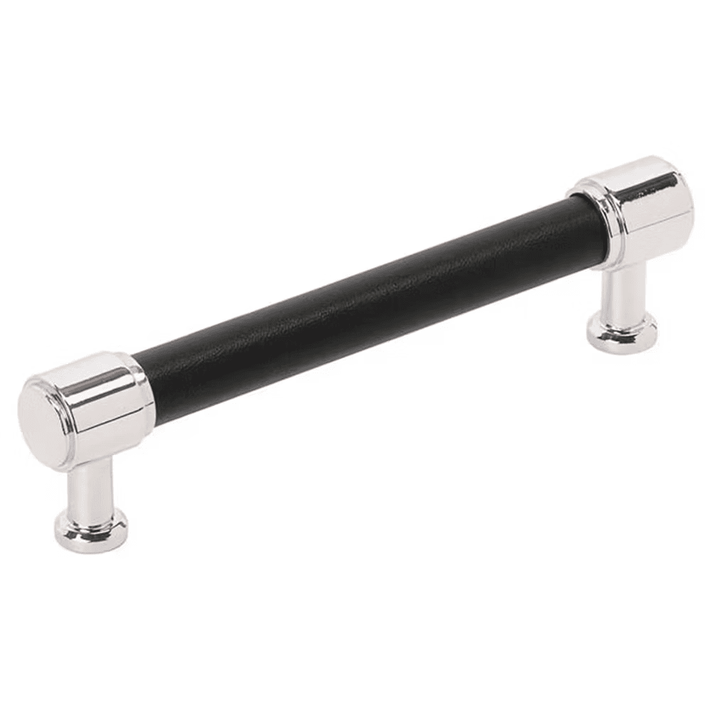 128mm Fairlane Cabinet Pull, Black Leather/Polished Nickel