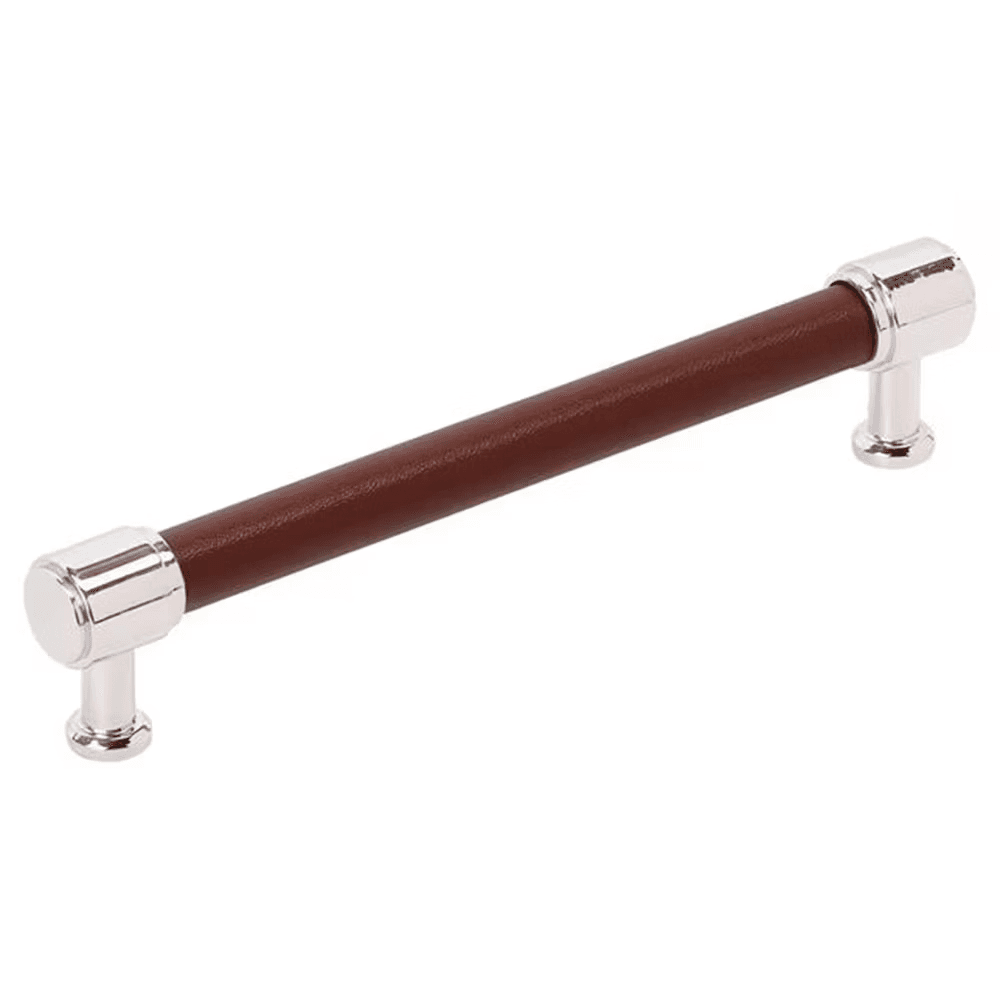 160mm Fairlane Cabinet Pull, Brown Leather/Polished Nickel