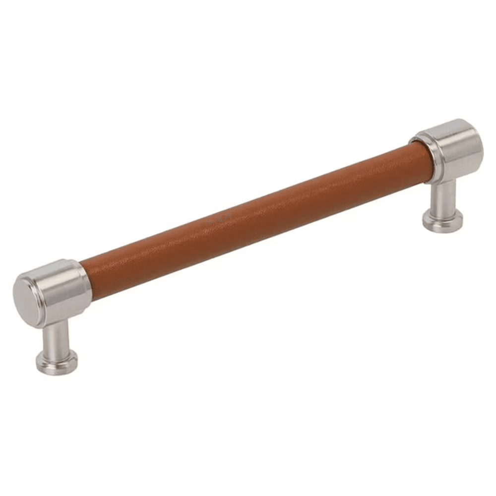 160mm Fairlane Cabinet Pull, Cognac Leather/Satin Nickel