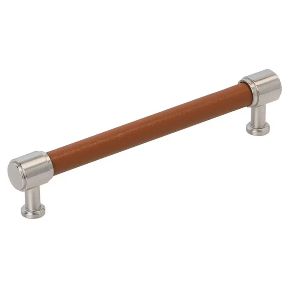 160mm Fairlane Cabinet Pull, Cognac Leather/Satin Nickel