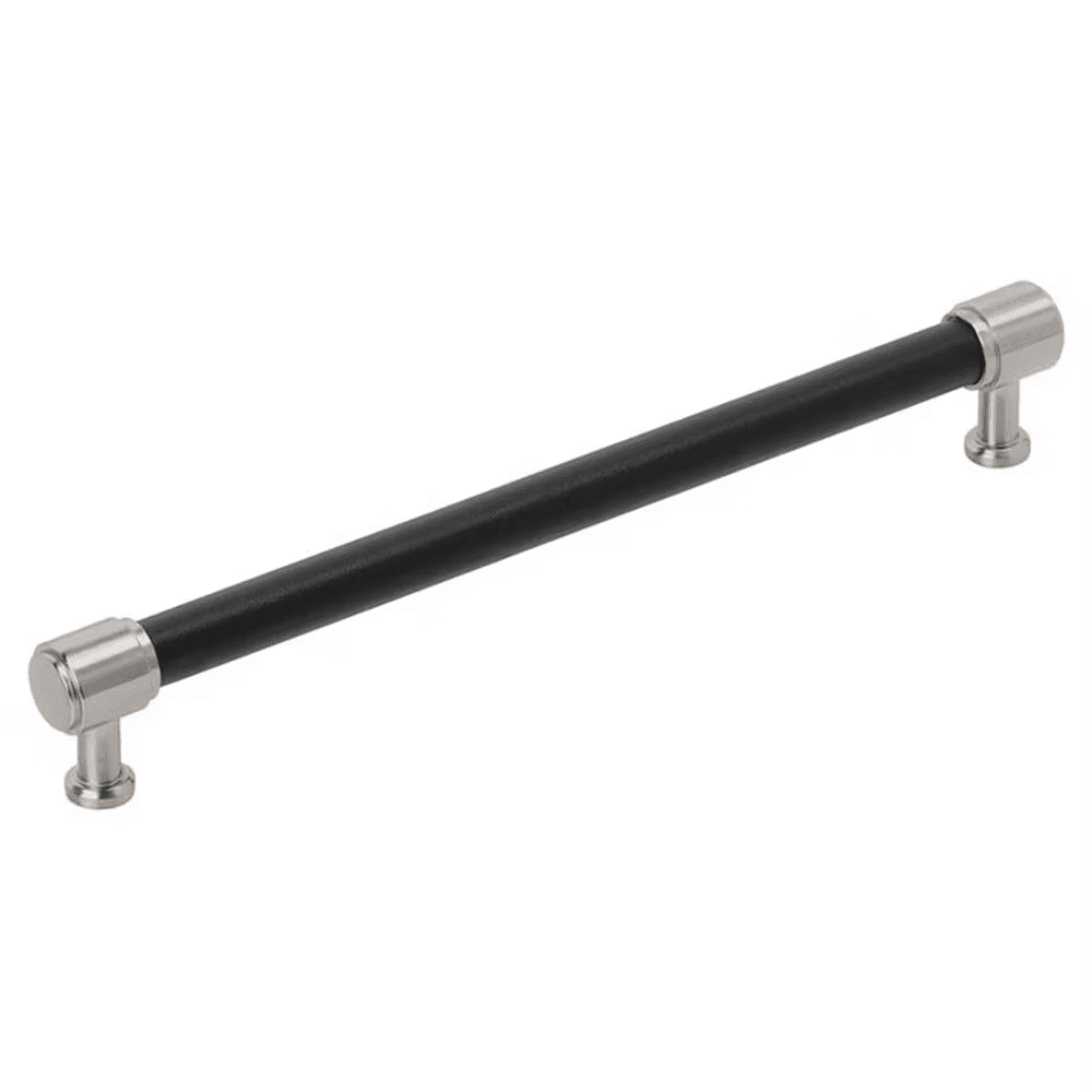 224mm Fairlane Cabinet Pull, Black Leather/Satin Nickel