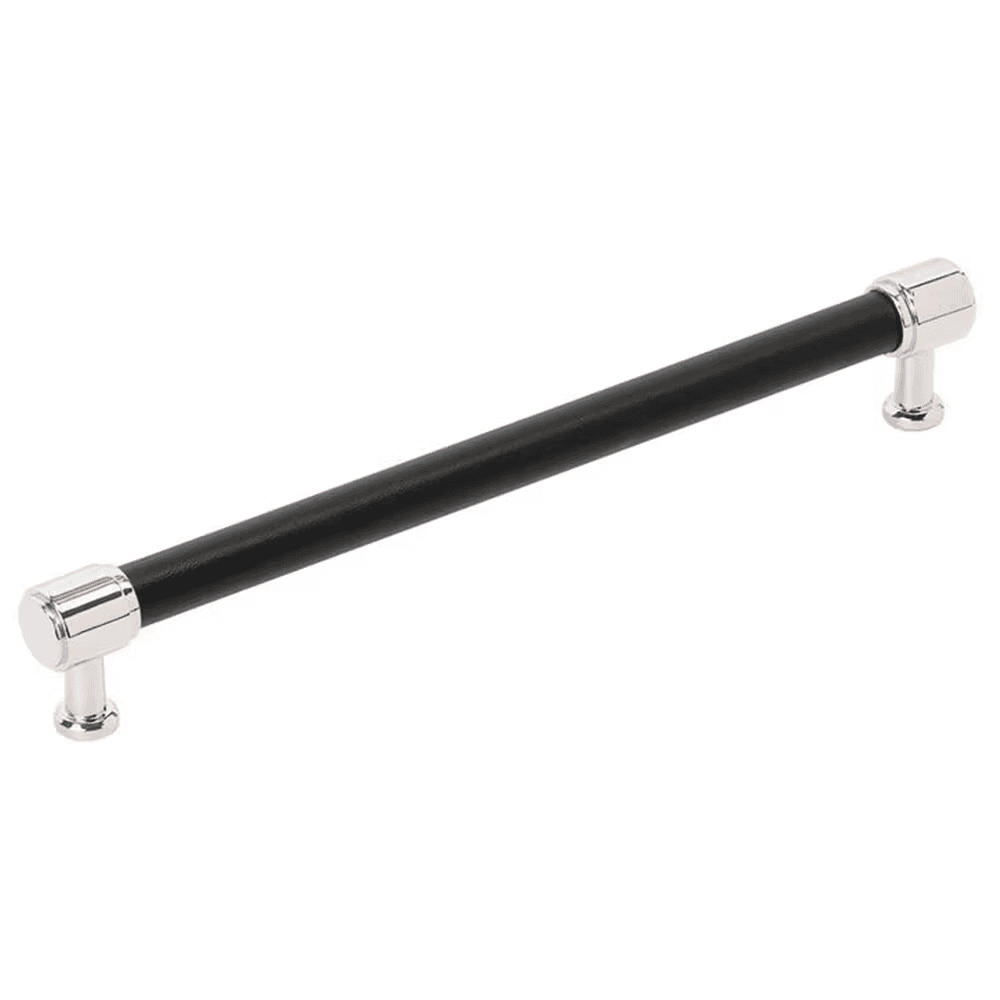 224mm Fairlane Cabinet Pull, Black Leather/Polished Nickel
