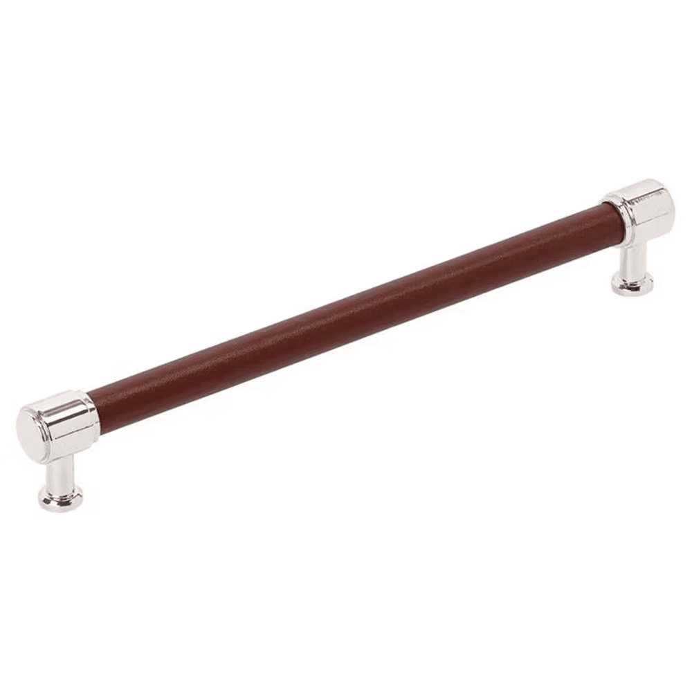 224mm Fairlane Cabinet Pull, Brown Leather/Polished Nickel