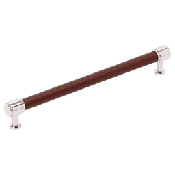 224mm Fairlane Cabinet Pull, Brown Leather/Polished Nickel