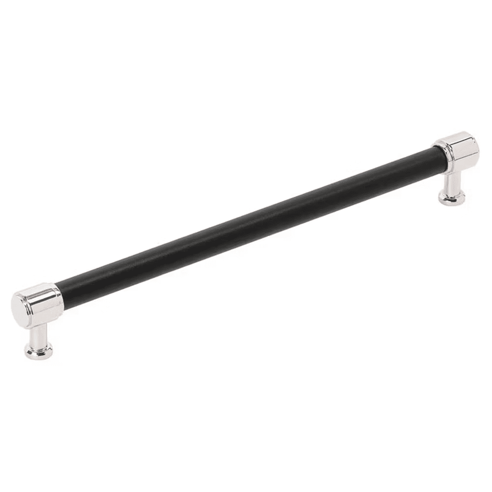 256mm Fairlane Cabinet Pull, Black Leather/Polished Nickel