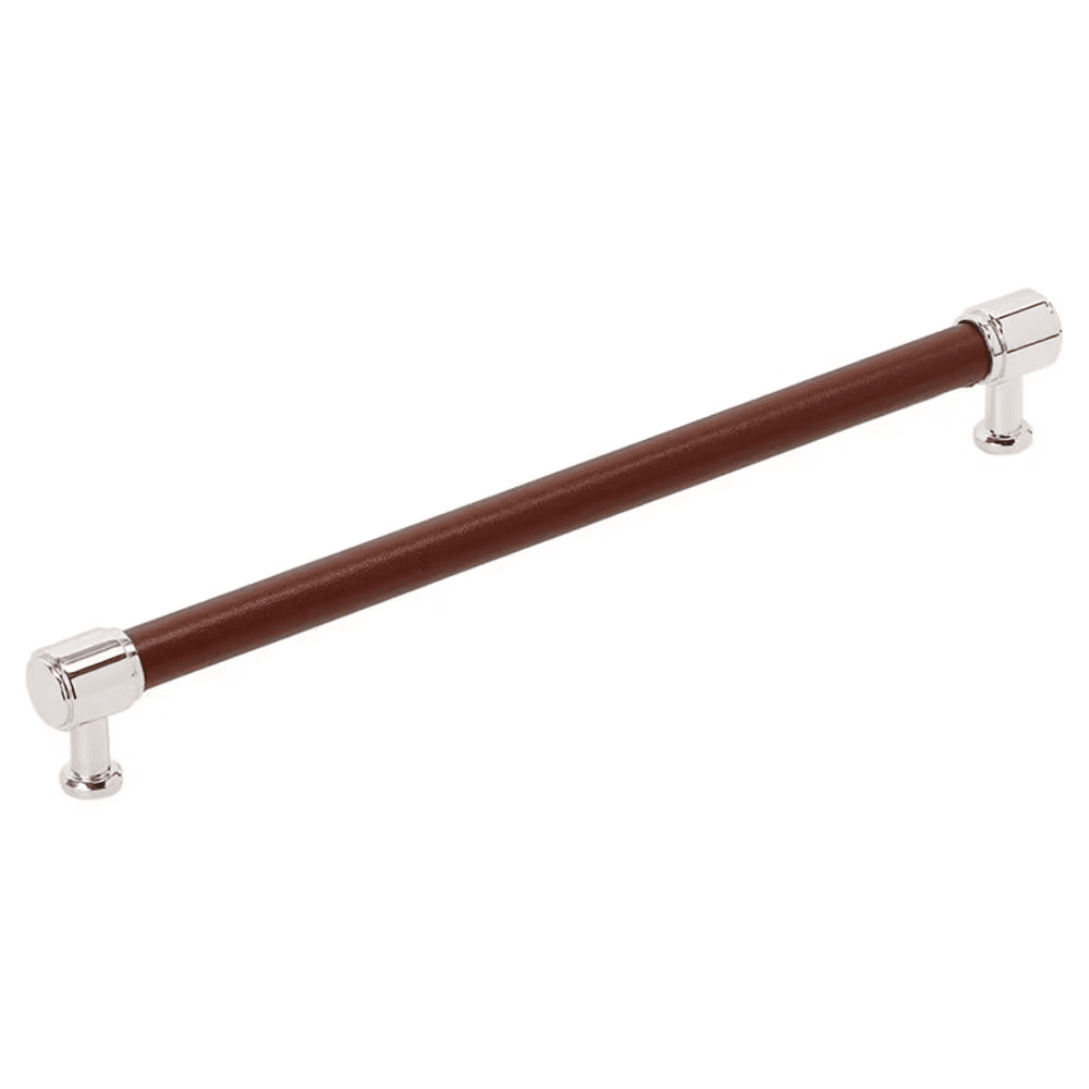 256mm Fairlane Cabinet Pull, Brown Leather/Polished Nickel