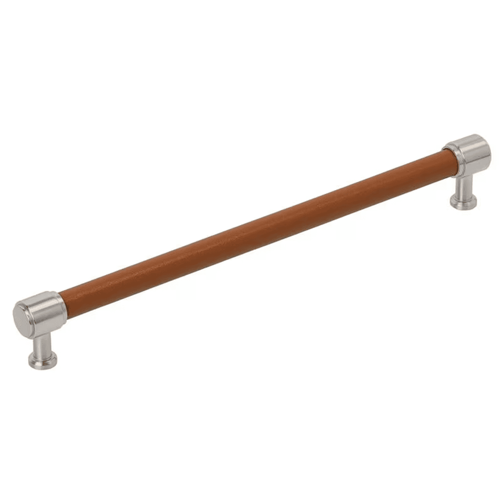 256mm Fairlane Cabinet Pull, Cognac Leather/Satin Nickel