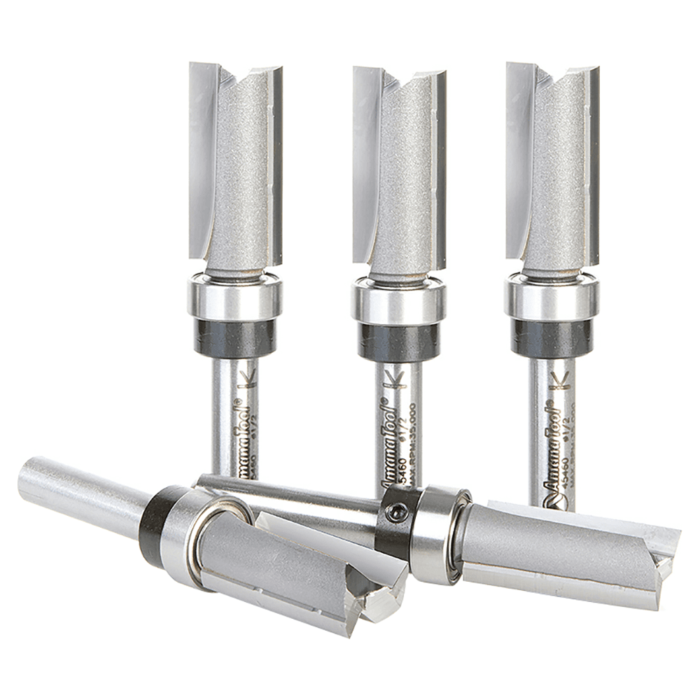1/2" x 1" 5 Pack Carbide Tipped Flush Trim Bit, 2-Flute, 1/4" Shank with Upper BB