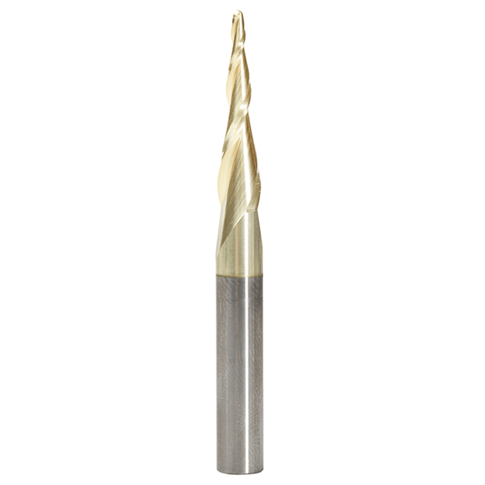 1/16" x 2-23/64" 2D/3D Carving Tapered Ball Tip Up-Cut Spiral Router Bit, 2-Flute, 1/4" Shank