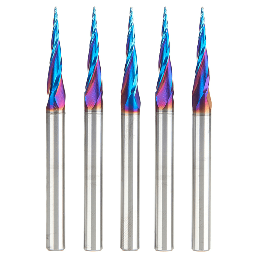 1/32" x 3" CNC 2D/3D Carving Tapered Ball Tip Up-Cut Spektra Spiral Router Bit, 3-Flute, 1/4" Shank (5 Pack)