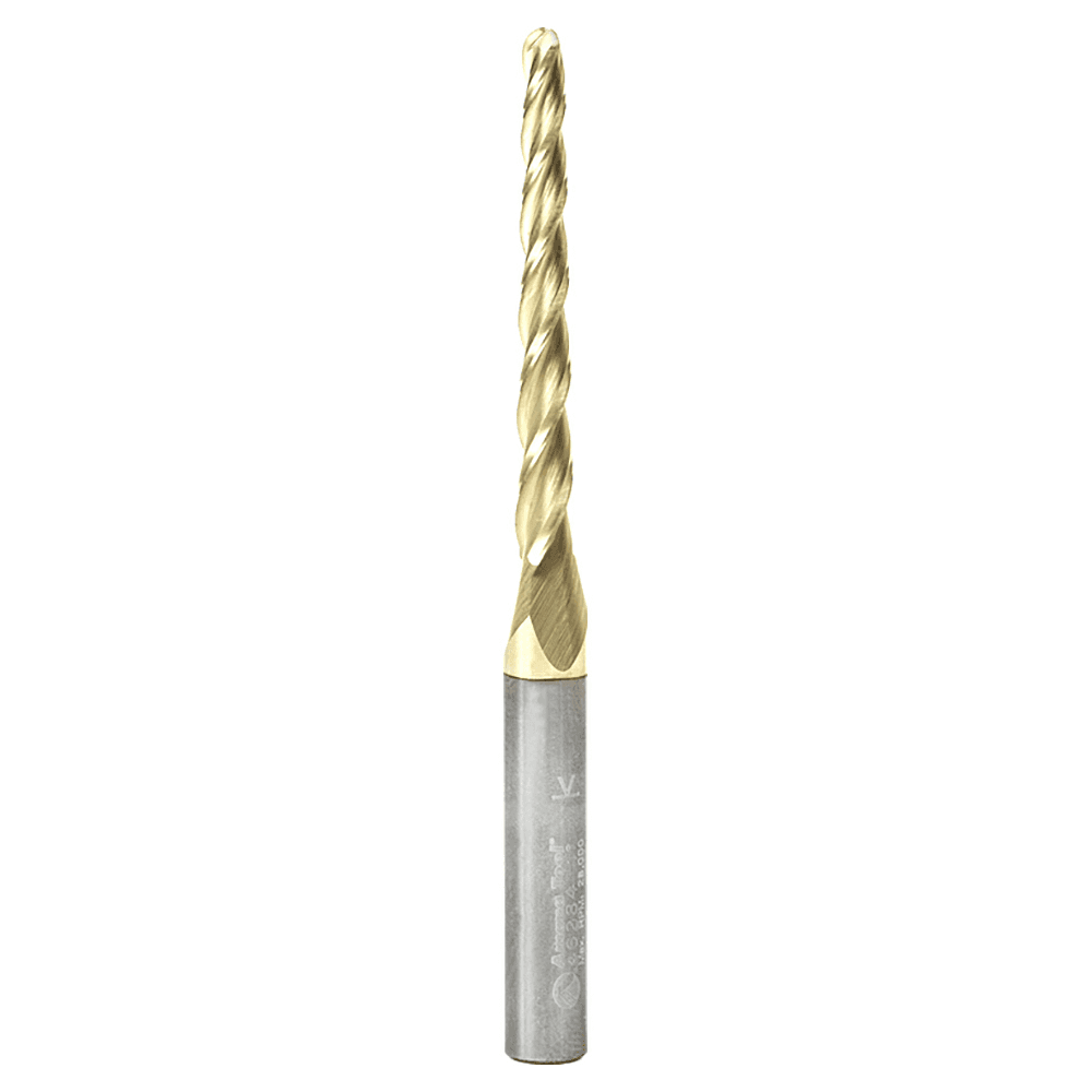 1/8" x 3" CNC 2D/3D Carving 1° Tapered Ball Tip Up-Cut ZrN Coated Spiral Router Bit, 3-Flute, 1/4" Shank