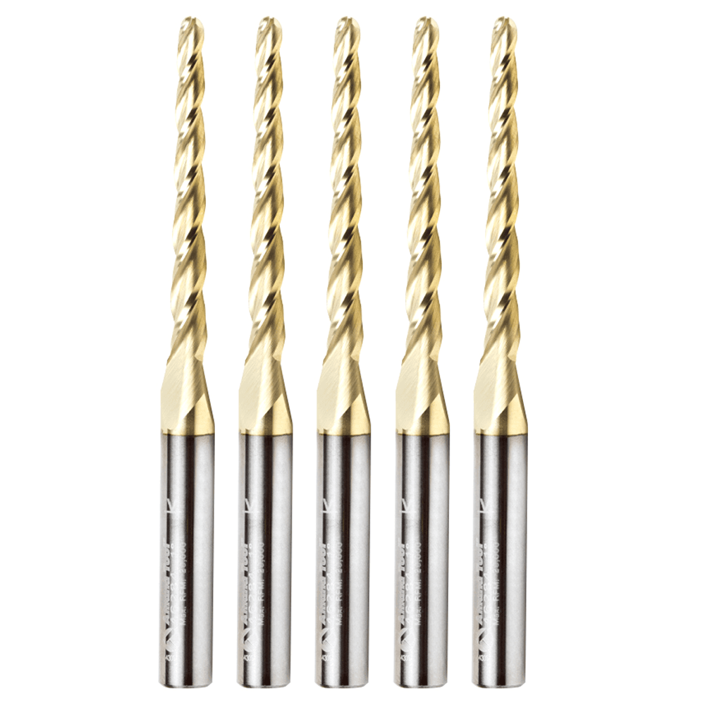 1/8" x 3" CNC 2D/3D Carving Tapered Ball Tip Up-Cut ZrN Coated Spiral Router Bit, 3-Flute, 1/4" Shank (5 Pack)