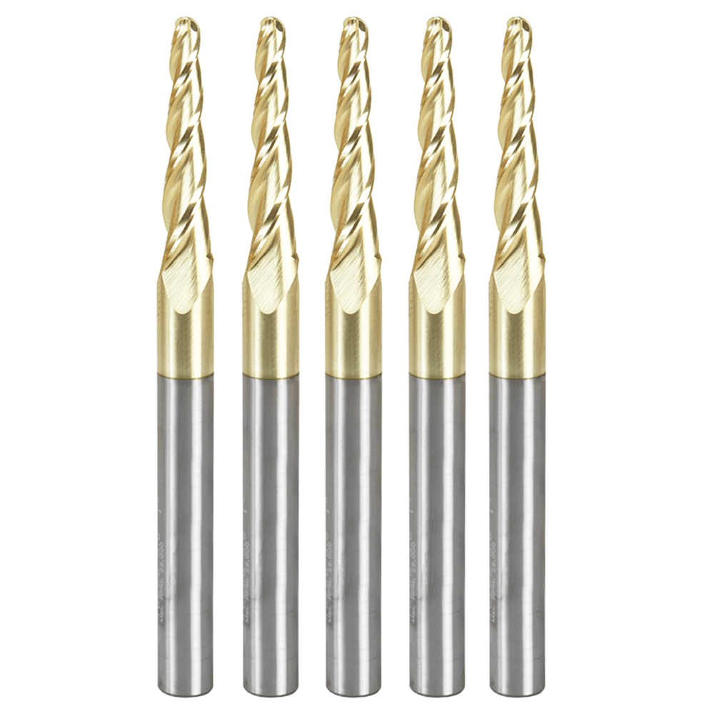 1/8" x 3" CNC 2D/3D Carving 3.6° Tapered Ball Tip Up-Cut ZrN Coated Spiral Router Bit, 3-Flute, 1/4" Shank (5 Pack)