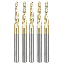 1/8" x 3" CNC 2D/3D Carving 3.6° Tapered Ball Tip Up-Cut ZrN Coated Spiral Router Bit, 3-Flute, 1/4" Shank (5 Pack)