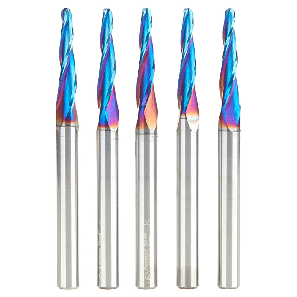 1/8" x 3" CNC 2D/3D Carving Tapered Ball Tip Up-Cut Spektra Spiral Router Bit, 3-Flute, 1/4" Shank (5 Pack)