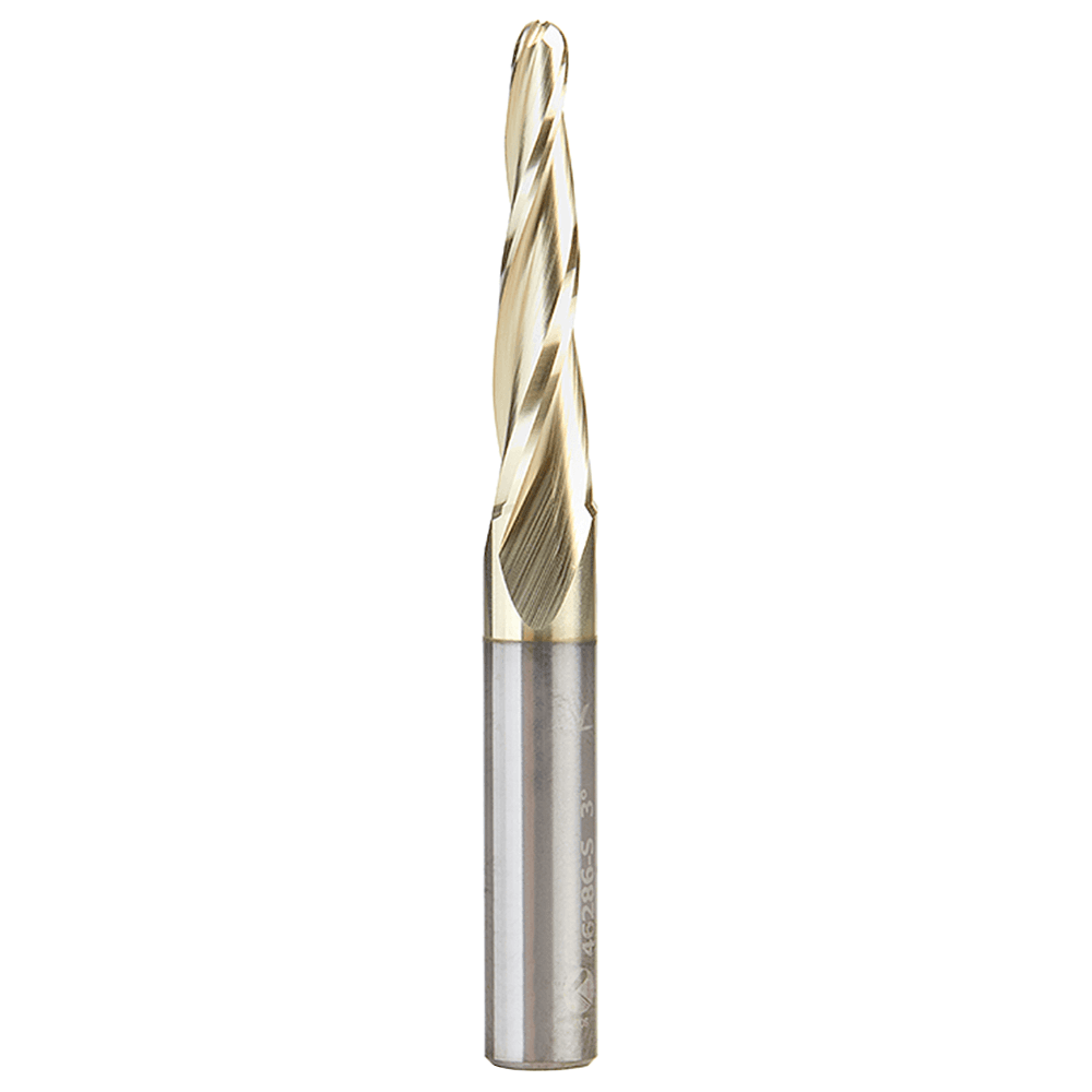 1/8" x 2-1/4" CNC 2D/3D Carving Tapered Ball Tip Up-Cut ZrN Coated Spiral Router Bit, 3-Flute, 1/4" Shank