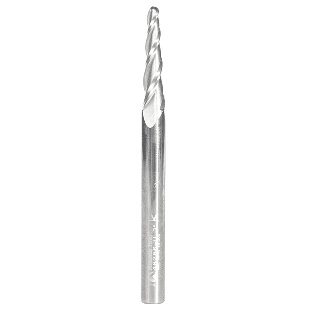 1/8" x 3" CNC 2D/3D Carving Tapered Ball Tip Up-Cut Spiral Router Bit, 3-Flute, 1/4" Shank
