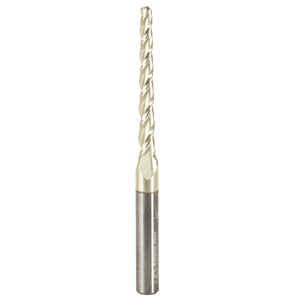 3.2mm x 75mm 2D/3D Carving Tapered Ball Tip ZrN Coated Up-Cut Spiral Router Bit, 3-Flute, 6mm Shank