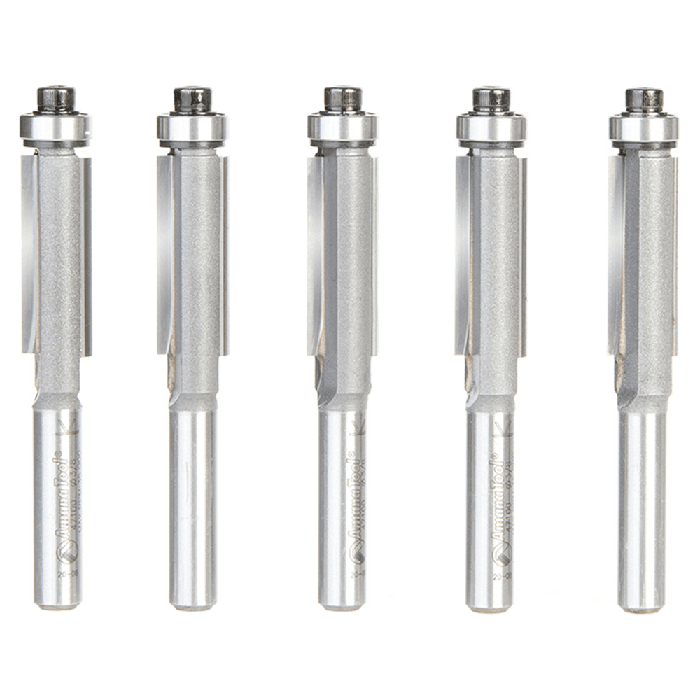 3/8" x 1" 5 Pack Carbide Tipped Flush Trim Bit, 2-Flute, 1/4" Shank