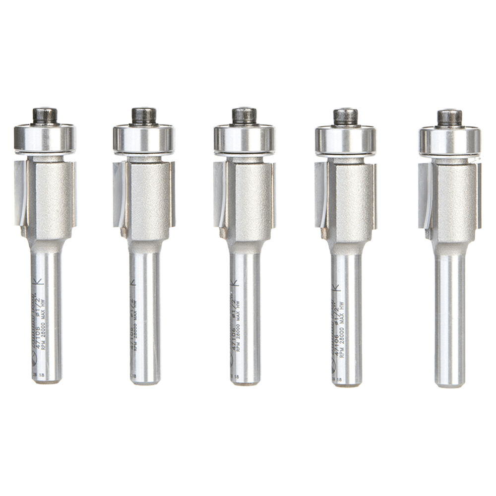 1/2" x 1/2" 5 Pack Carbide Tipped Flush Trim Bit, 2-Flute, 1/4" Shank