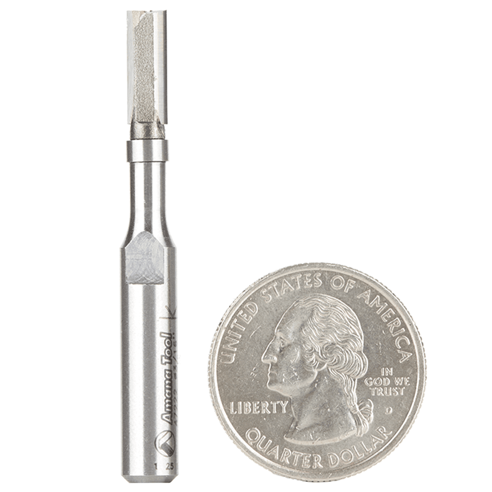 3/16" x 2" Miniature Flush Trim Plunge Template with Upper Ball Bearing, 2-Flute, 1/4" Shank