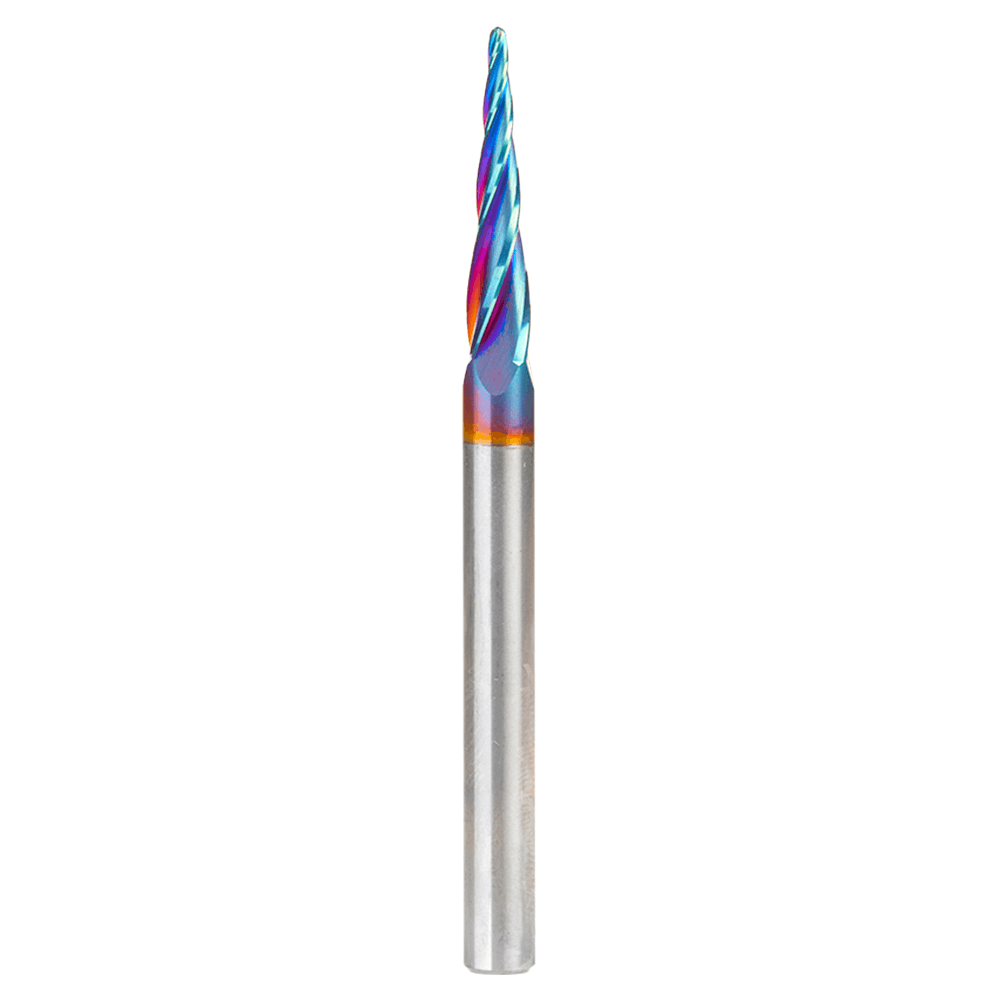 1.5mm x 75mm CNC 2D/3D Carving 5.4° Tapered Angle Ball Up-Cut Spektra Extreme Tool Life Coated Spiral Router Bit, 4-Flute, 6mm Shank