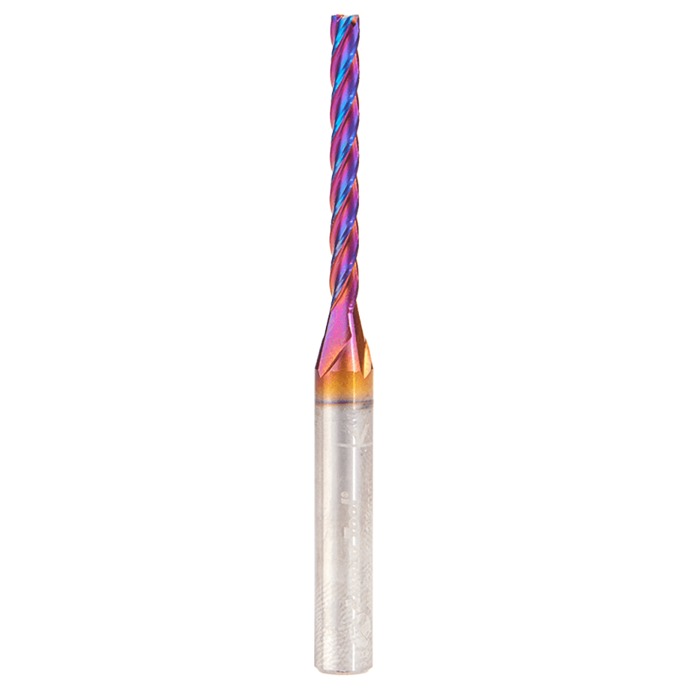 3mm x 63mm CNC 2D/3D Carving 0.10° Flat Bottom Up-Cut Spektra Extreme Tool Life Coated Spiral Router Bit, 4-Flute, 6mm Shank