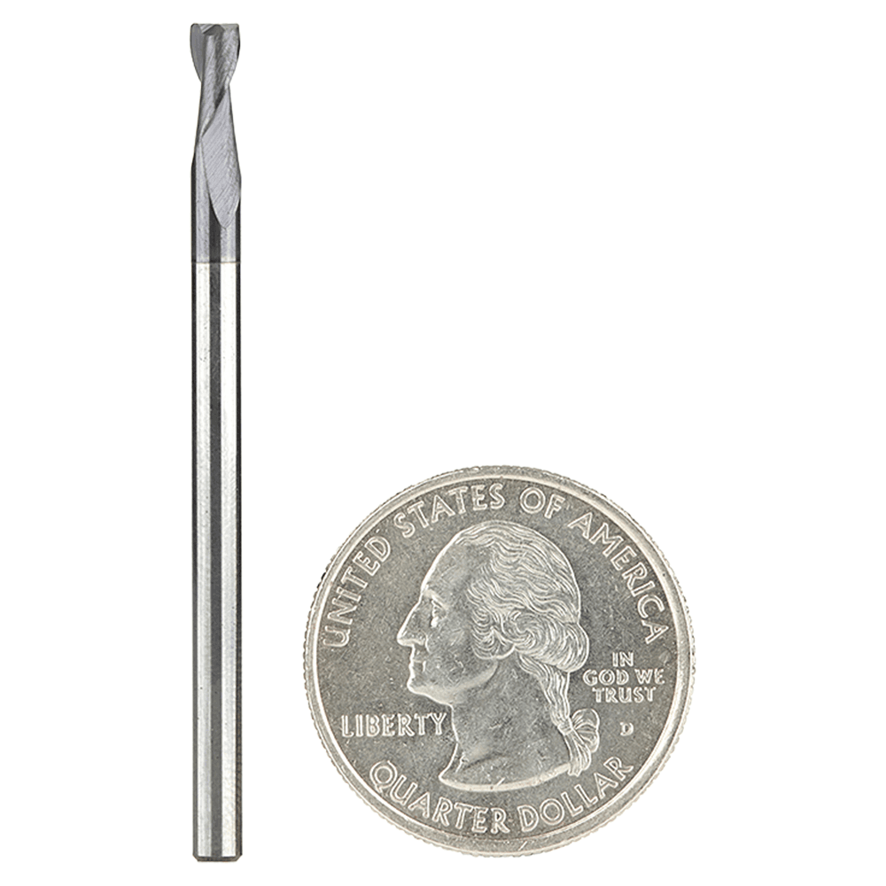 1/8" Dia x 1/4" CNC Solid Carbide Spiral Router Bit for Steel/Stainless Steel with AlTiN Coating 2-Flute, 1/8" Shank, 2" Long Up-Cut Router Bit, 45º Corner Chamfer End Mill