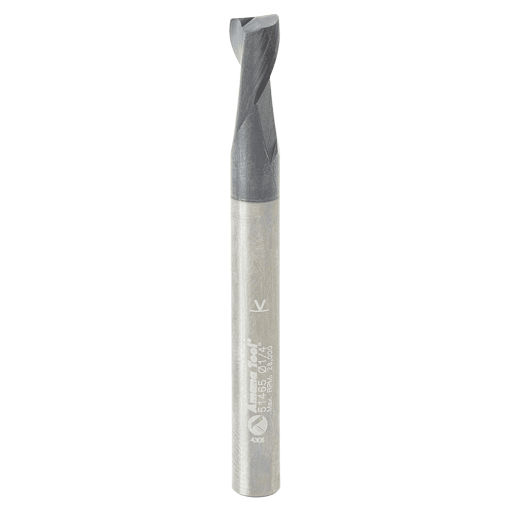 1/4" Dia x 3/8" CNC Solid Carbide Spiral Router Bit for Steel/Stainless Steel with AlTiN Coating 2-Flute, 1/4" Shank, 2-1/2" Long Up-Cut Router Bit, 45º Corner Chamfer End Mill