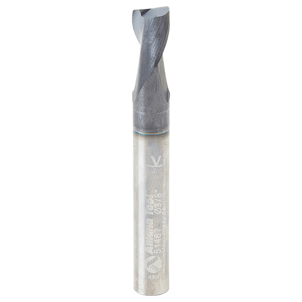 3/8" Dia x 1/2" CNC Solid Carbide Spiral Router Bit for Steel/Stainless Steel with AlTiN Coating 2-Flute, 3/8" Shank, 3" Long Up-Cut Router Bit, /45º Corner Chamfer End Mill