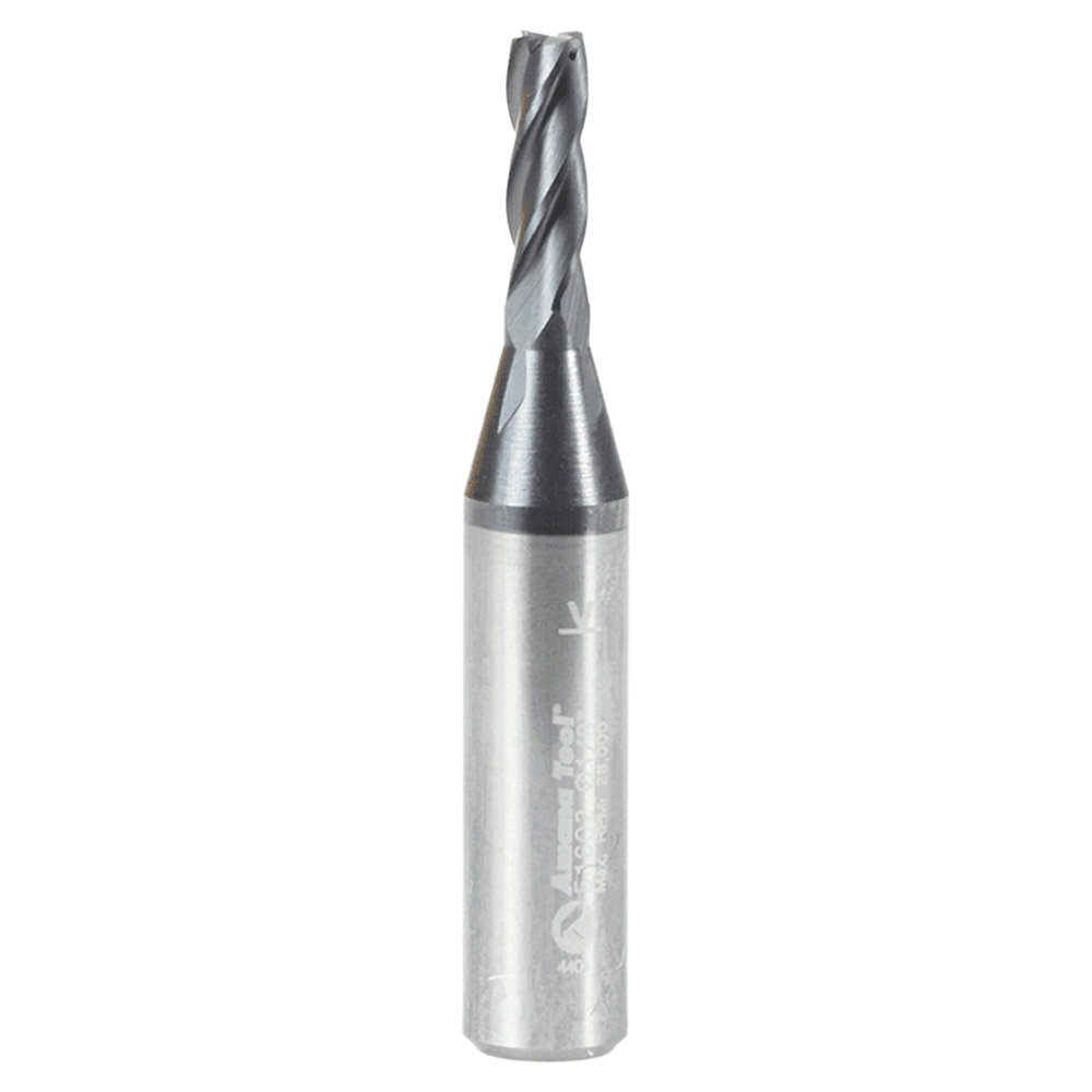 1/8 Dia x 3/8" CNC Solid Carbide Spiral Router Bit for Steel/Stainless Steel with AlTiN Coating 4-Flute, 1/4" Shank, 1-1/2" Long Up-Cut Router Bit, /45º Corner Chamfer End Mill
