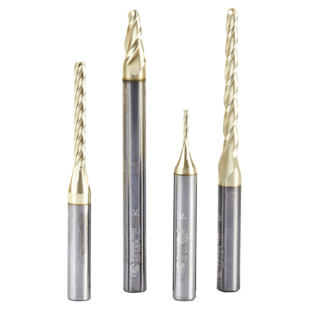 4-Piece CNC 2D/3D Carving Ball Nose/Flat Bottom ZrN Coated Router Bit Set, 1/4" Shank
