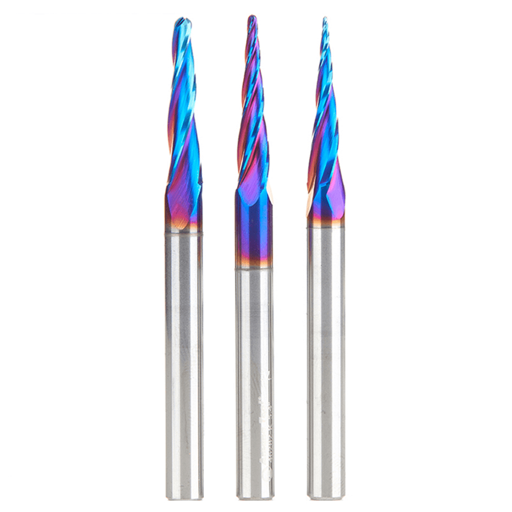 3-Piece 2D/3D Carving Ball Nose/Flat Bottom ZrN Coated CNC Up-Cut Spiral Router Bit Set, 1/4" Shank