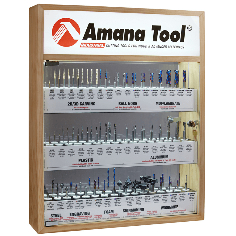 48-Piece Master Metric CNC Router Bit Collection with LED Illuminated/Mirrored Interior/Solid Wood Display
