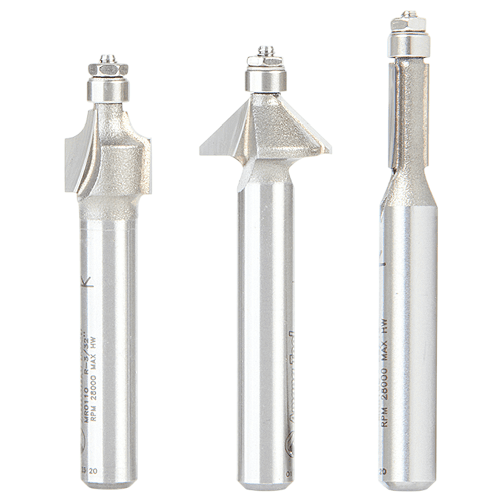 3-Piece Miniature Router Bit Pack with Mini 3/16" Diameter Lower Ball Bearing
