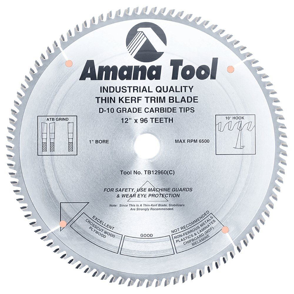 12" x 96 Teeth Thin Kerf Trim Saw Blade, Alternate Top Bevel