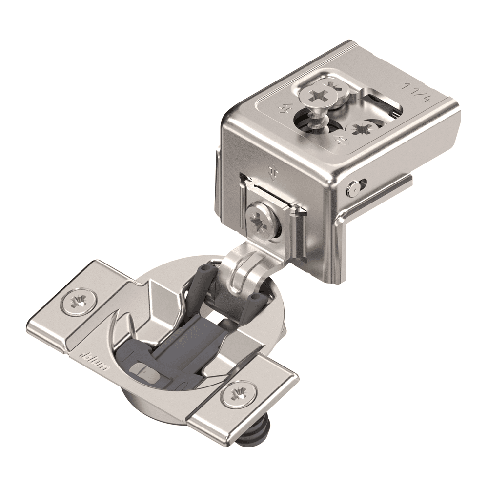 Compact 31C1 107° Opening Wrap-Around Face Frame Hinge, 45mm Boring Pattern, Soft-Closing, 1-1/4" Overlay, Dowelled
