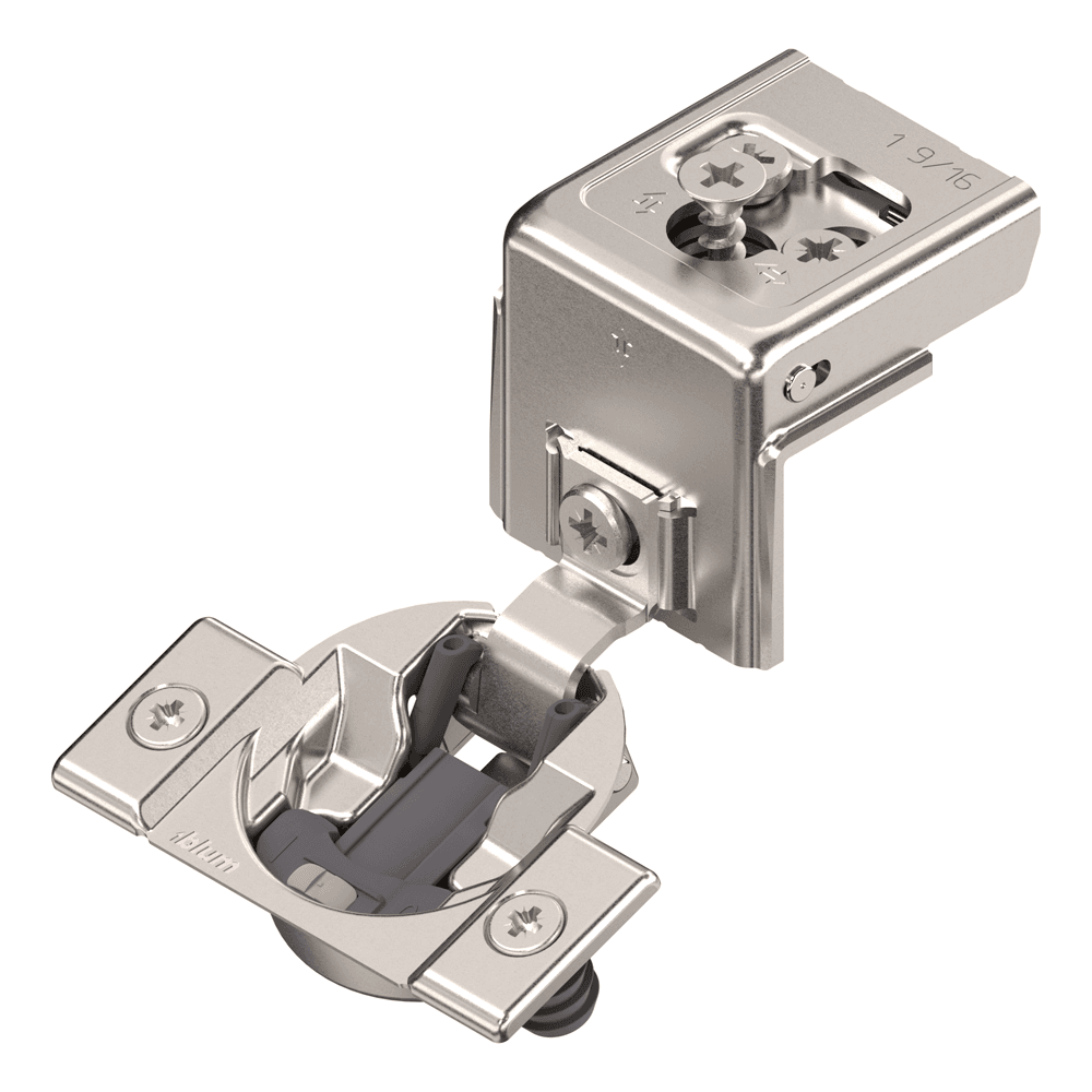 Compact 31C3 110° Opening Wrap-Around Face Frame Hinge, 45mm Boring Pattern, Soft-Closing, 1-9/16" Overlay, Dowelled