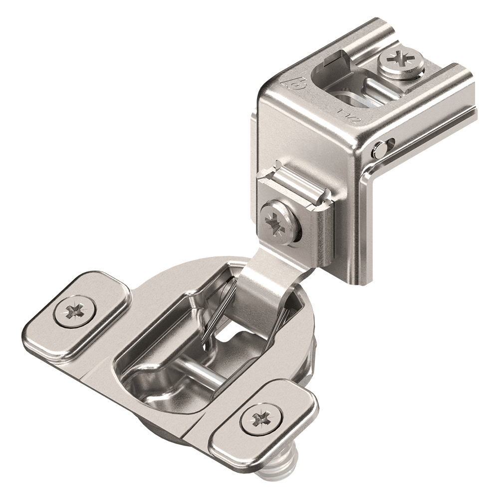 Compact 38C 107° Opening Wrap-Around Face Frame Hinge, 45mm Boring Pattern, Self-Closing, 1-9/16" Overlay, Dowelled