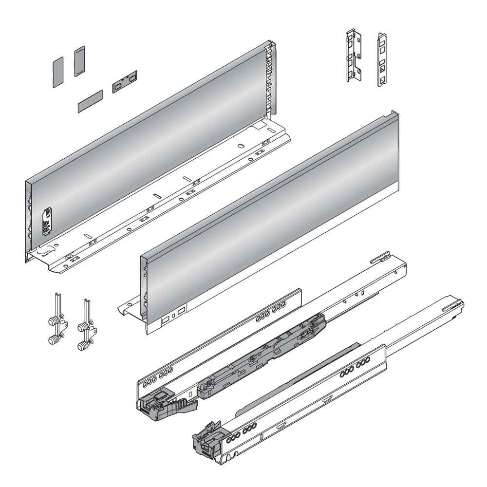 18" Legrabox Drawer System K Height, 5-1/16", 125lb Capacity Full-Extension with BLUMOTION, Stainless Steel