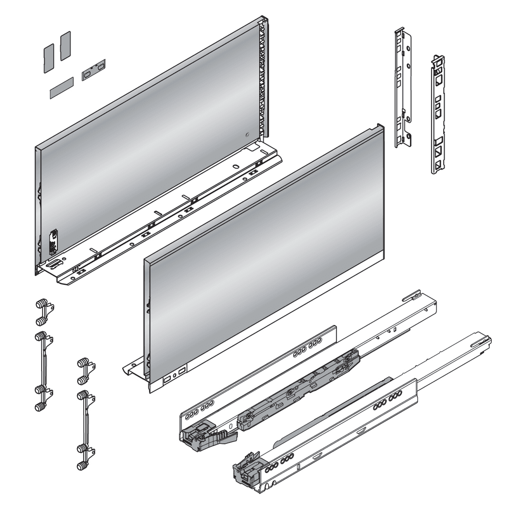 20" Legrabox Drawer System F Height, 9-1/2", 170lb Capacity Full-Extension with BLUMOTION, Stainless Steel