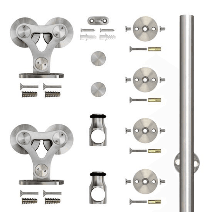 96" Top Mount Dual Wheel European Style Hardware kit for Rolling Barn Doors, Stainless Steel