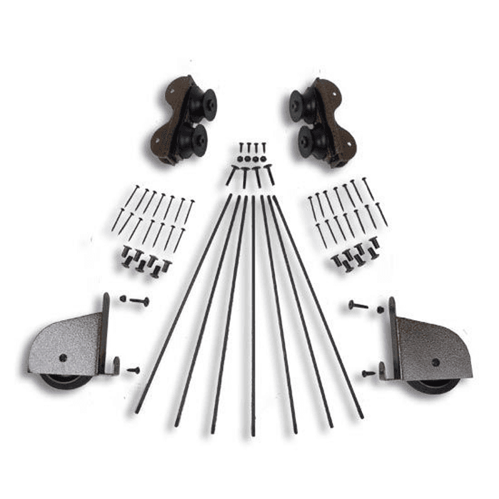 20" Wide Hardware Kit with Contemporary Wheels for Rolling Library Ladders, Hammered Antique Brass