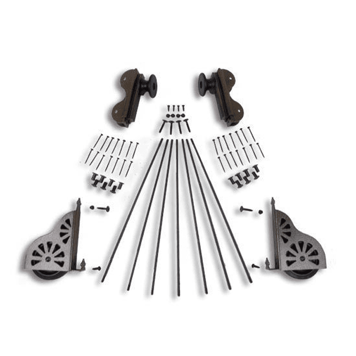 20" Wide Hardware Kit with Brake for Rolling Library Ladders, Hook Style, Hammered Antique Brass