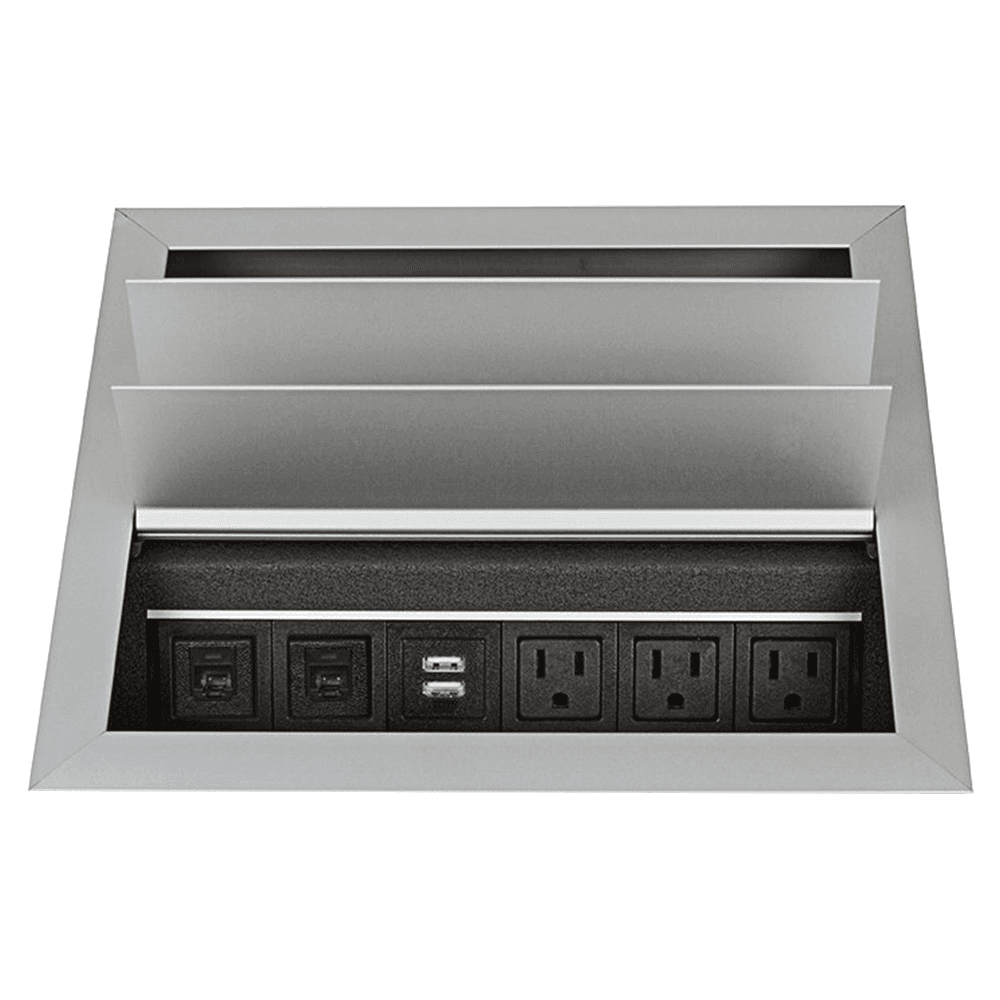 11-5/16" Dual-Sided Recessed Power Grommet with 3 Power and 2 Data/USB Outlets, Satin Aluminum
