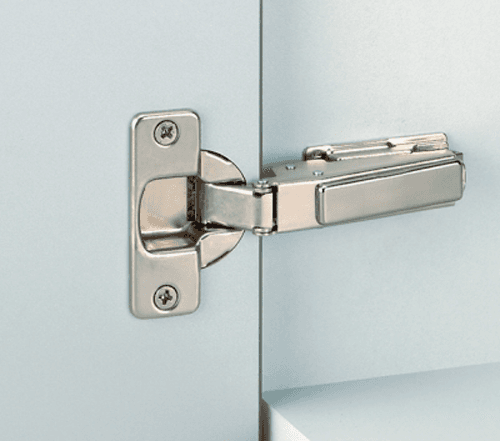 Nexis 95° Opening Thick Door Hinge, 48mm Bore Pattern, Self-Closing, Full Overlay, Nickel-Plated, Dowelled