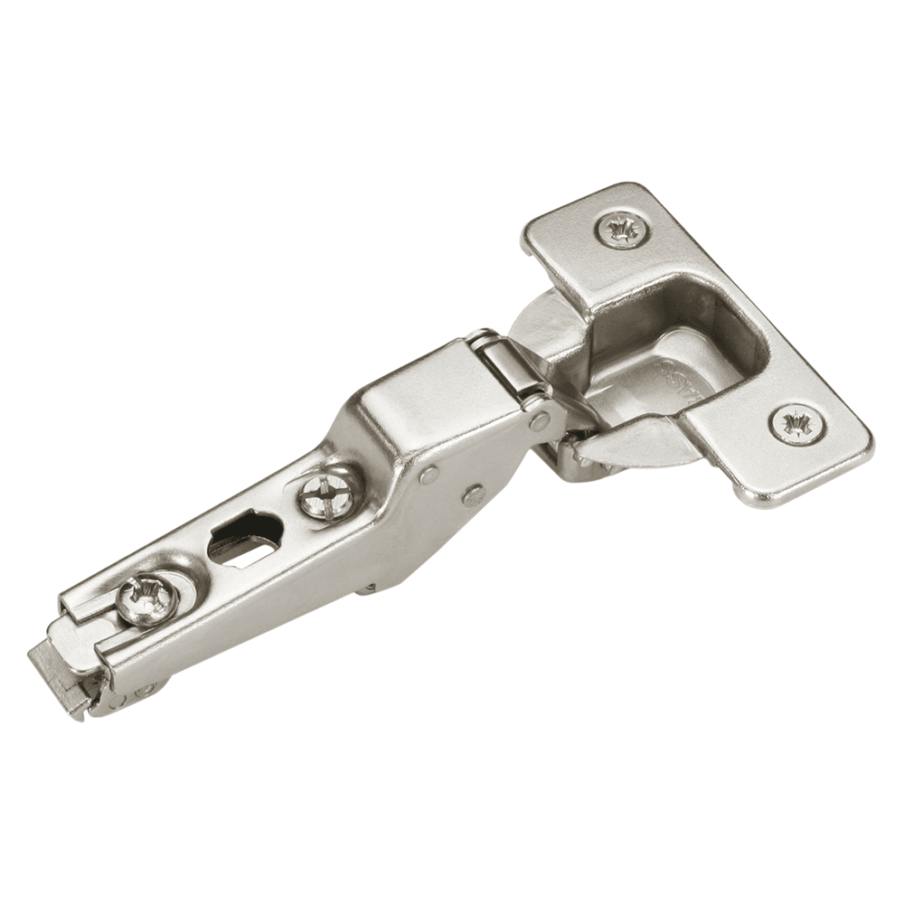 Nexis +45° Angled Corner 95° Opening Hinge, 45/48mm Boring Pattern, Soft-Closing, Inset, Nickel-Plated, Dowelled