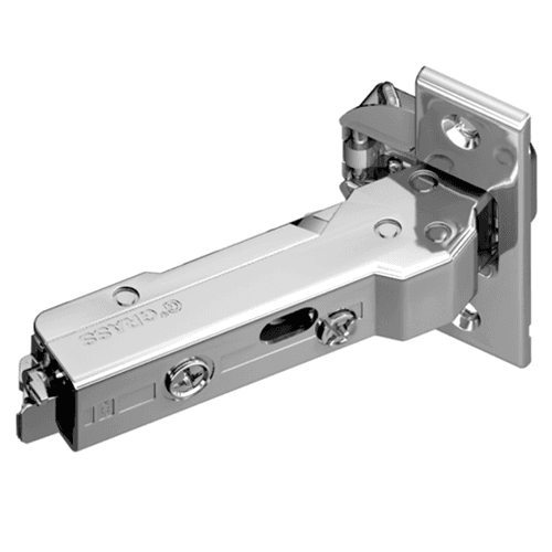 Tiomos +37° Angled Corner 110° Opening Hinge, 45mm Boring Pattern, Soft-Closing, Overlay, Nickel-Plated, Dowelled